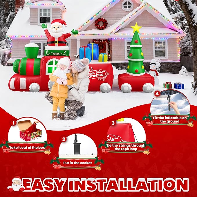 10 FT Deluxe Christmas Inflatables Train with Santa Claus, Gift Box, Christmas Tress, Built-in LED Lights, Blow Up Lovely Train Carriage for Christmas Party Holiday, Outdoor Garden Lawn Yard Decor