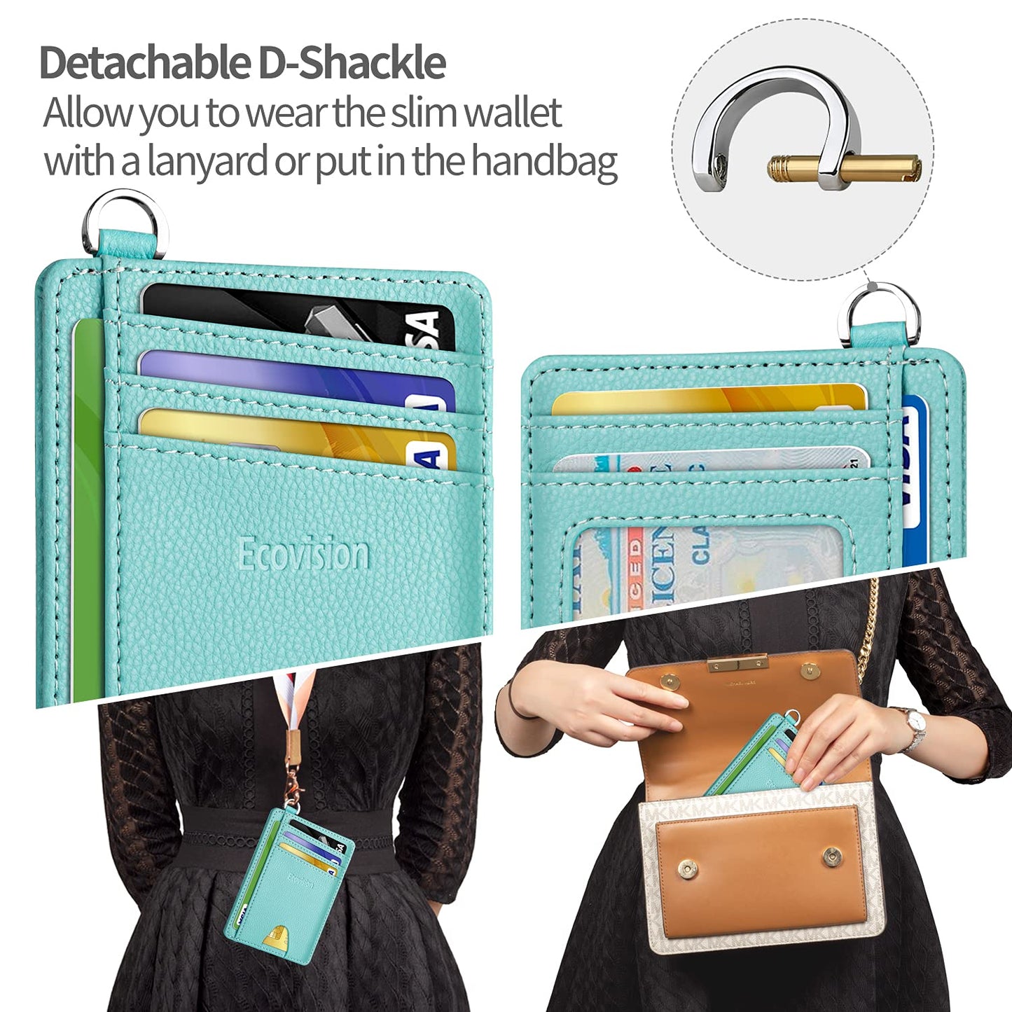 EcoVision Slim Minimalist Front Pocket Wallet, RFID Blocking Credit Card Holder Wallet with Detachable D-Shackle for Men Women
