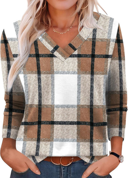 XIEERDUO Long Sleeve Shirts for Women V Neck Fall Tops Basic Tunic Tops Loose Fit Dressy 2025