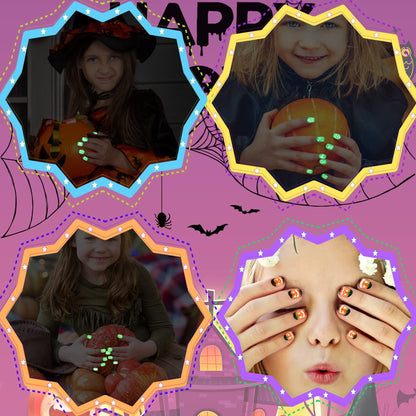 JANYUN Halloween Luminous Kids Fake Nails, 192 PcsGlowing Short Glow in Dark False Nails with Pumpkin Spider Bat for Girls Nail Art Party Decoration (Halloween Luminous)