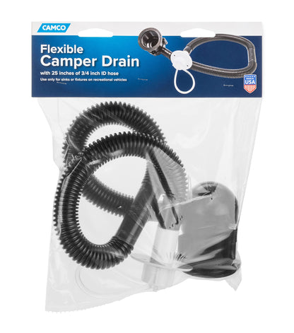 Camco Flexible Camper/RV Drain | Designed for Campers w/Single Sink and No Holding Tanks | Includes 25” of ¾-Inch ID Hose | Crafted of Heavy-Duty Chemical-Resilient Polymer (37420)