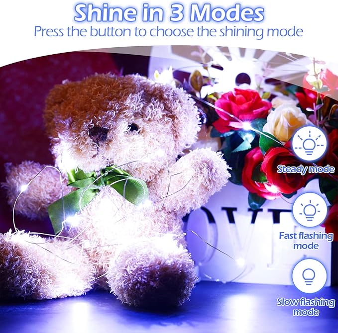 Hortsun 100 Packs Fairy Lights Battery Operated 3 Speed Modes, 7 Ft/ 2 M 20 LED Battery String Mini Waterproof Wire Twinkle Lights Bulk for Wedding Party Birthday Vases (Cool White)