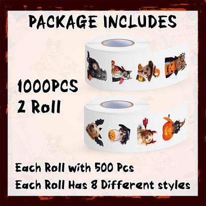 H1vojoxo Halloween Dog Stickers Roll - 1000PCS Halloween Dog Dress Up Stickers in 2 Rolls 16 Designs Pumpkin Dogs Self-Adhesive Sticker for Kids Craft Envelope Water Bottle Scrapbook Party Supplies