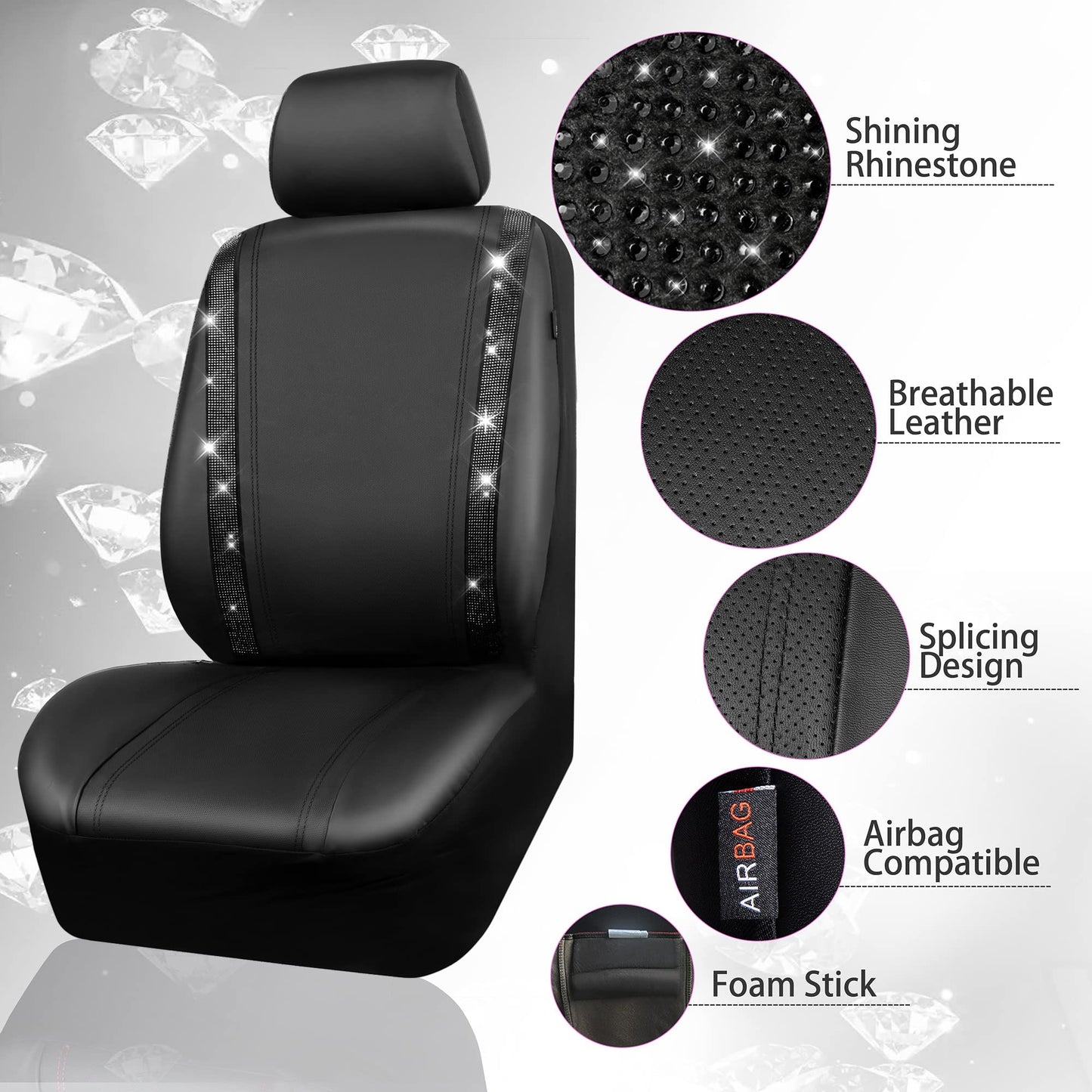 CAR PASS Leather Bling Diamond Car Seat Covers Full Set, Shining Rhinestone Waterproof Durable Rear with Zipper, Universal Fit Automotive Glitter Crystal Sparkle Strip for Cute Women Girly Black