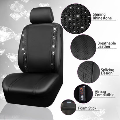 CAR PASS Leather Bling Diamond Car Seat Covers Full Set, Shining Rhinestone Waterproof Durable Rear with Zipper, Universal Fit Automotive Glitter Crystal Sparkle Strip for Cute Women Girly Black