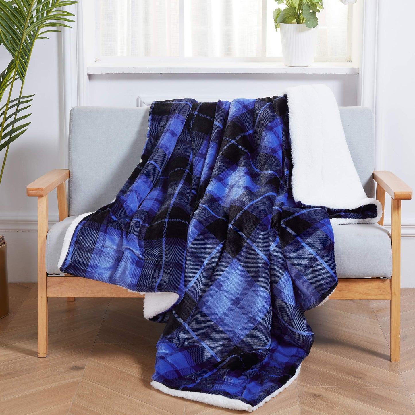SOCHOW Sherpa Plaid Fleece Throw Blanket, Double-Sided Super Soft Luxurious Bedding Blanket 127cm×150cm, Blue