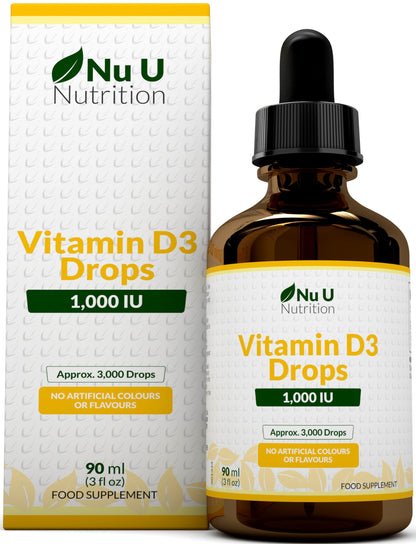 Vitamin D Drops 90ml (3000 Drops) - 1000IU per Drop - 50% More - Flexible Dose of Liquid Vitamin D3 Supplement for Adults - Unflavoured & Vegetarian - Made in The UK - Nu U Nutrition