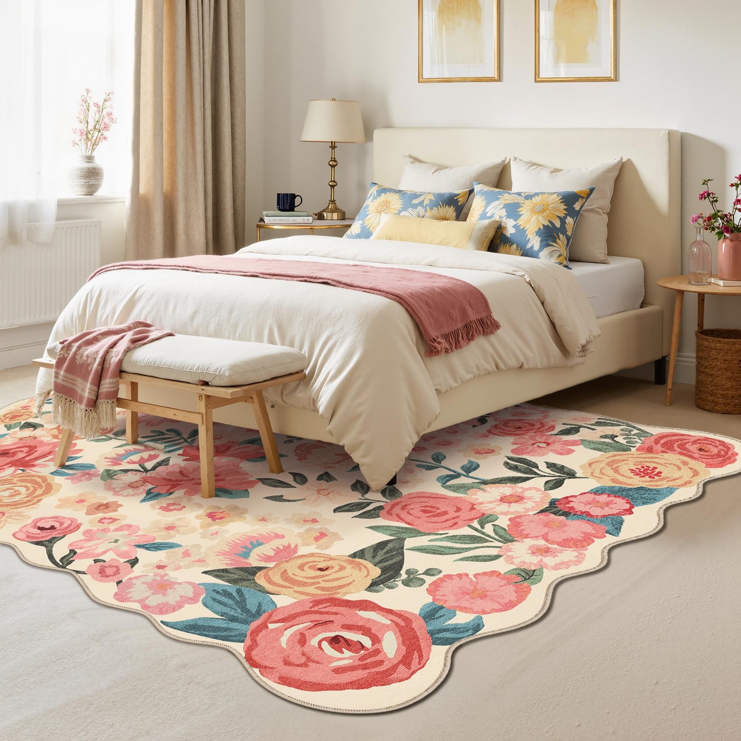 PureCozy Washable Floral Area Rug 5x7 Beige Living Room Carpet Scalloped Flower Non Slip Soft Bedroom Rug Farmhouse Low Pile Thin Indoor Floor Cover for Office Dining Room Kitchen Bathroom