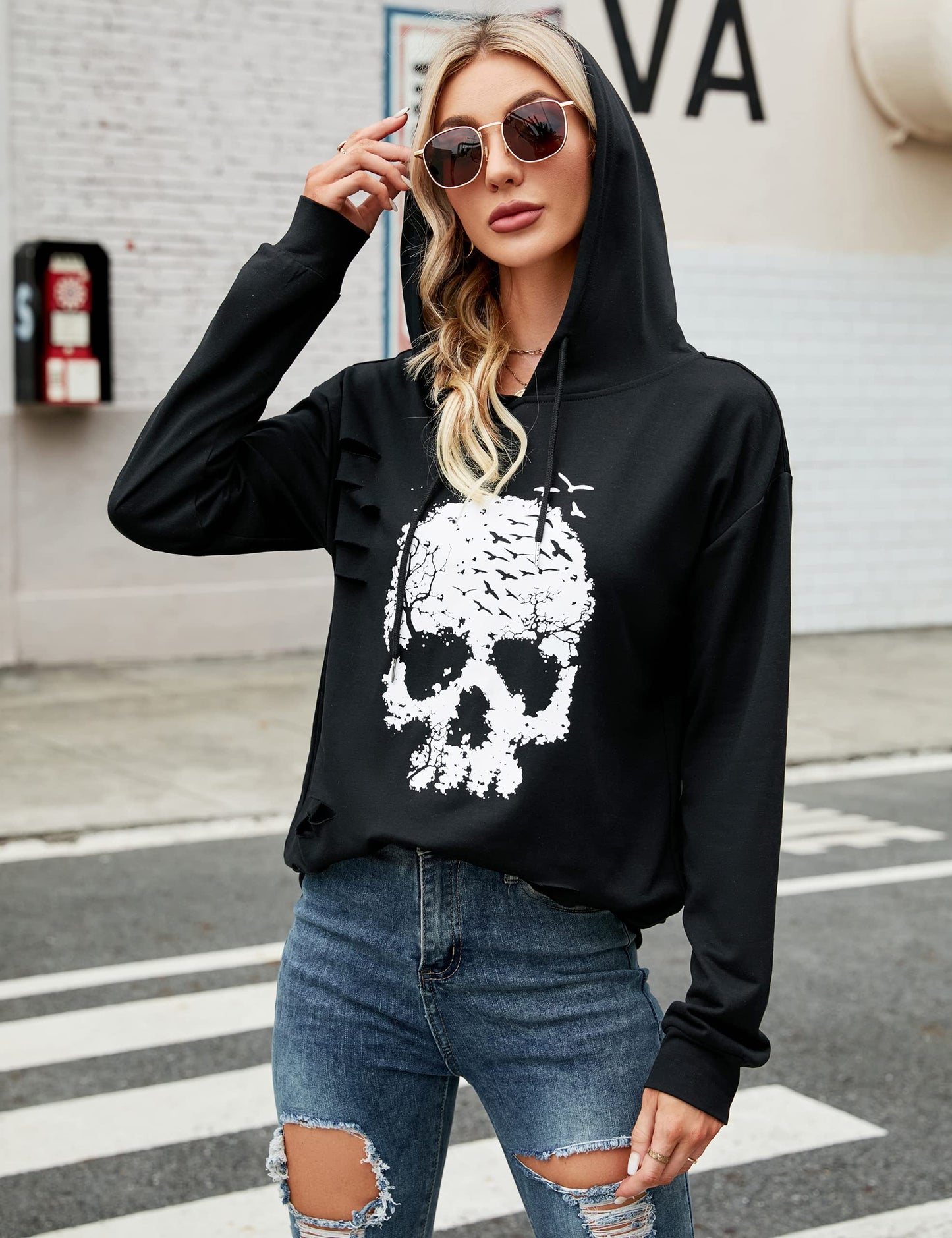 Blooming Jelly Women's Halloween Sweatshirts Skull Graphic Hoodies Long Sleeve Skeleton Shirt Trendy Fall Tops (X-Large, Black Hoodie-2)