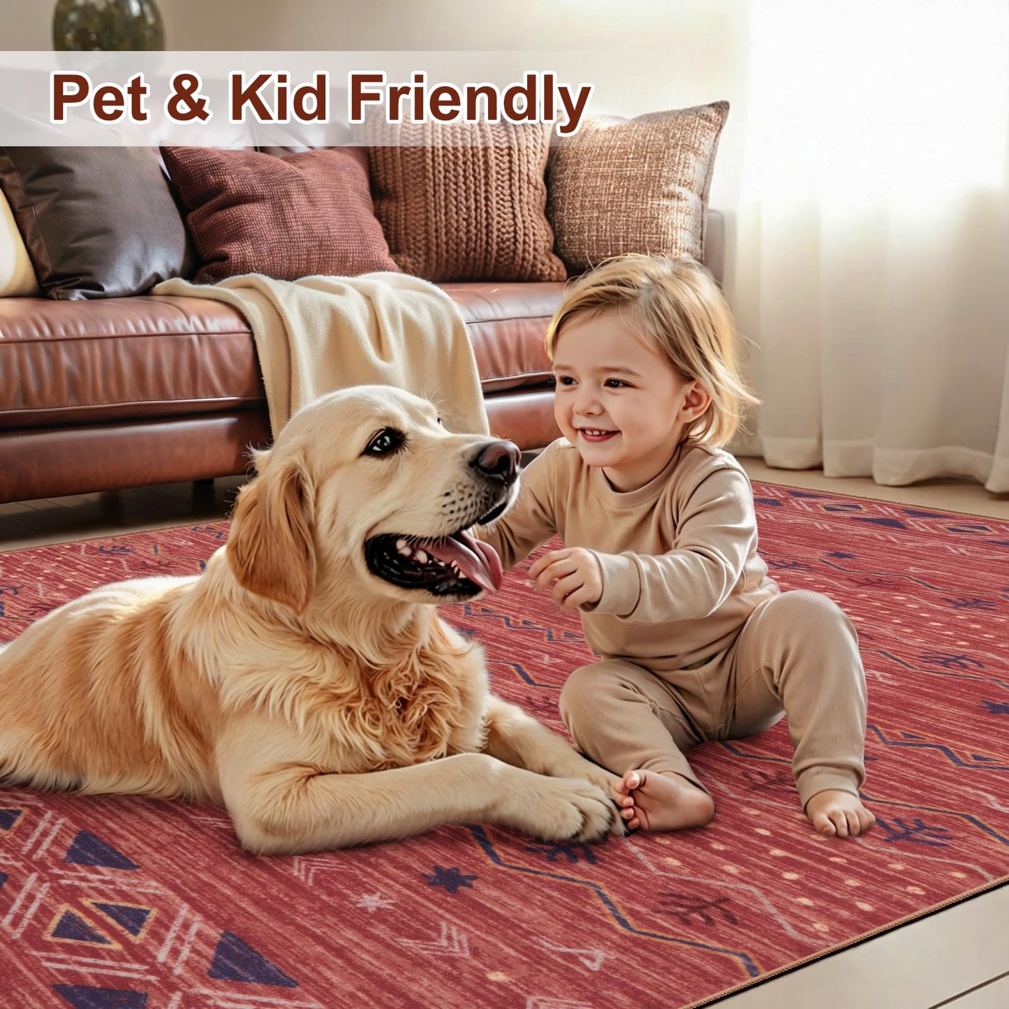 SERISSA 2x4 Rugs for Entryway, Washable Non-Slip Kitchen Runner Rug Small Red Ochre Rug, Soft Low-Pile Boho Geometric Door Mat Indoor Entrance Front Door Carpet for Bedroom Bathroom