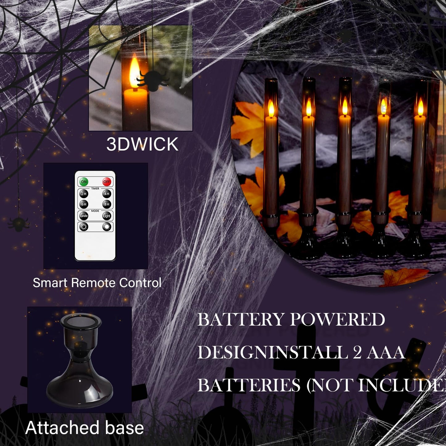 Sasigeiaa Flameless Taper Candles,with Remote and Timer Flickering Flameless Candles,6 Pack Led Candles,with Base Battery Operated Candles， Taper Candles for Home, Wedding, Party (Grey)