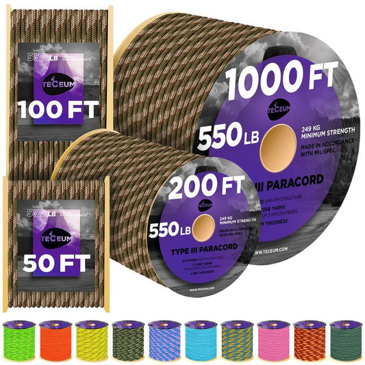 TECEUM Paracord Type III 550 Fall Camo – 200 ft – 4mm – Tactical Rope MIL-SPEC – Outdoor para Cord –Camping Hiking Fishing Gear and Equipment – EDC Parachute Cord – Strong Survival Rope 767b