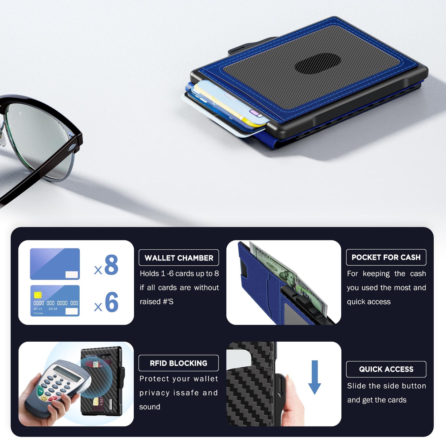 Wallet for Men - Pop Up Case, Cash Slot, and Credit Card Slot - Slim Aluminum Wallet with RFID Blocking, Minimalist Leather Wallet Front Pocket with ID Window, Gift Box (Carbon Fiber), Carbon Blue