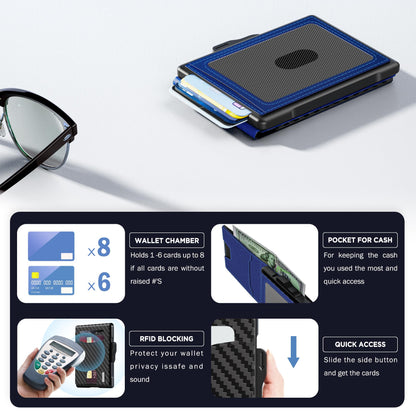Wallet for Men - Pop Up Case, Cash Slot, and Credit Card Slot - Slim Aluminum Wallet with RFID Blocking, Minimalist Leather Wallet Front Pocket with ID Window, Gift Box (Carbon Fiber), Carbon Blue