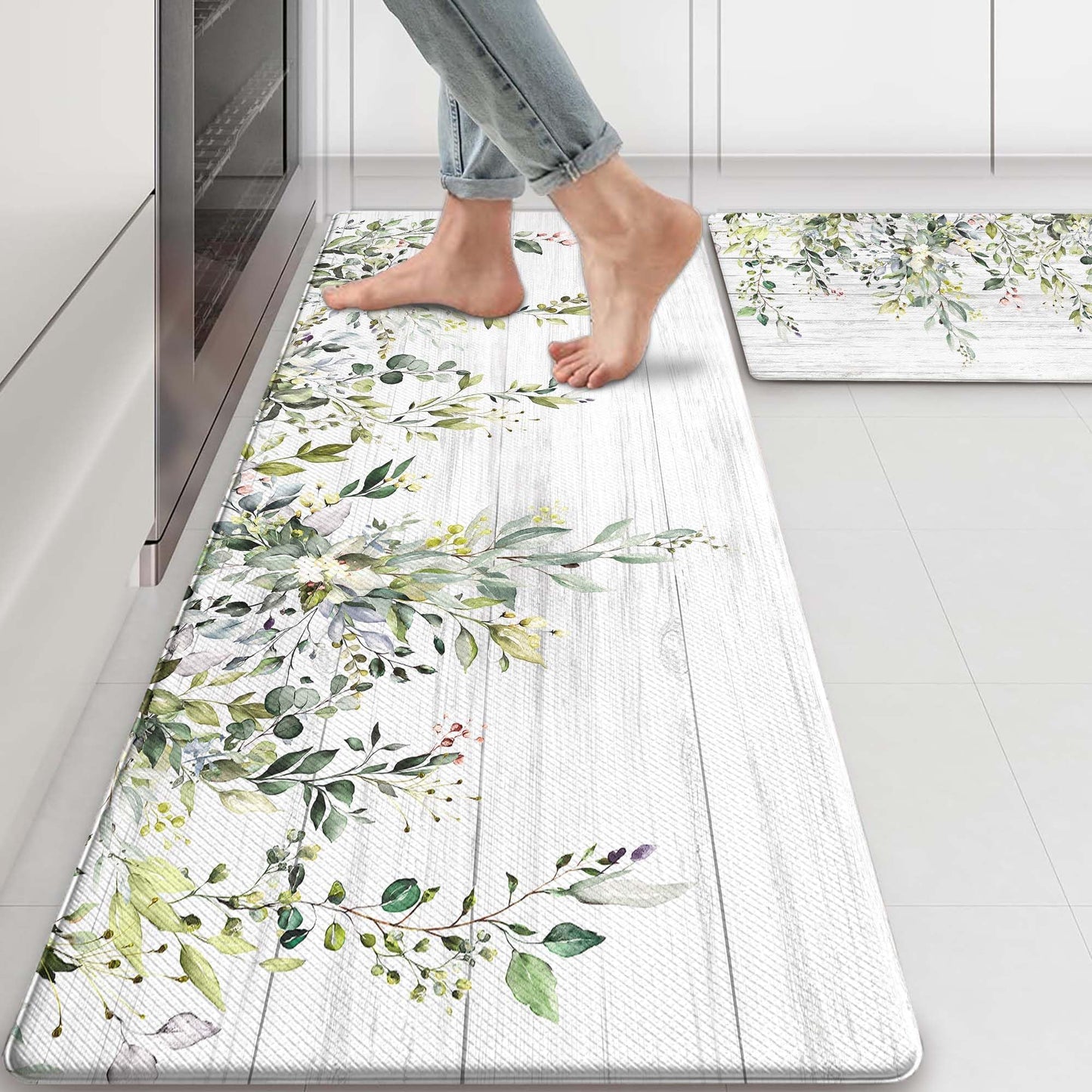 Zussun Kitchen Rug Mats for Floor Cushioned Anti Fatigue Green Eucalyptus Kitchen Rugs Sets of 2 Farmhouse Non Slip Waterproof Comfort Memory Foam Standing Floor Mat for Office Laundry Sink Desk