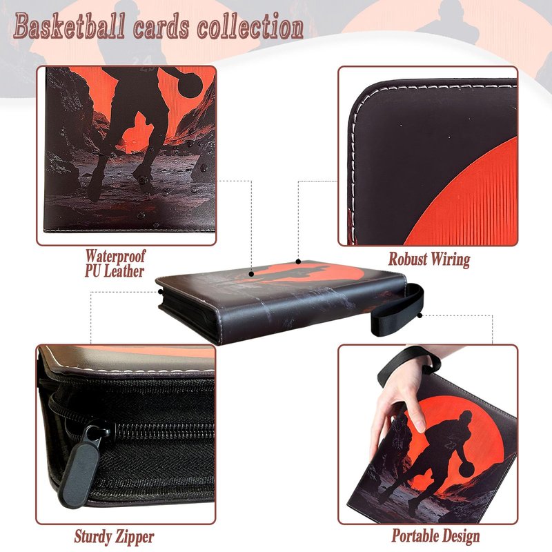 Basketball Card Binder - 900 Capacity 9-Pocket Trading Card Album, 3 Ring Card Holder Binder, Waterproof PU Leather, Zip Closure, Perfect Christmas Birthday Gift for Collectors