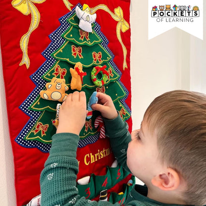 Merry Christmas Green Tree Advent Calendar by Pockets of Learning | Festive Holiday Décor, Seasonal Fabric Wall Hanging | Cloth Christmas Countdown w/ 24 Stuffed Cloth Ornaments