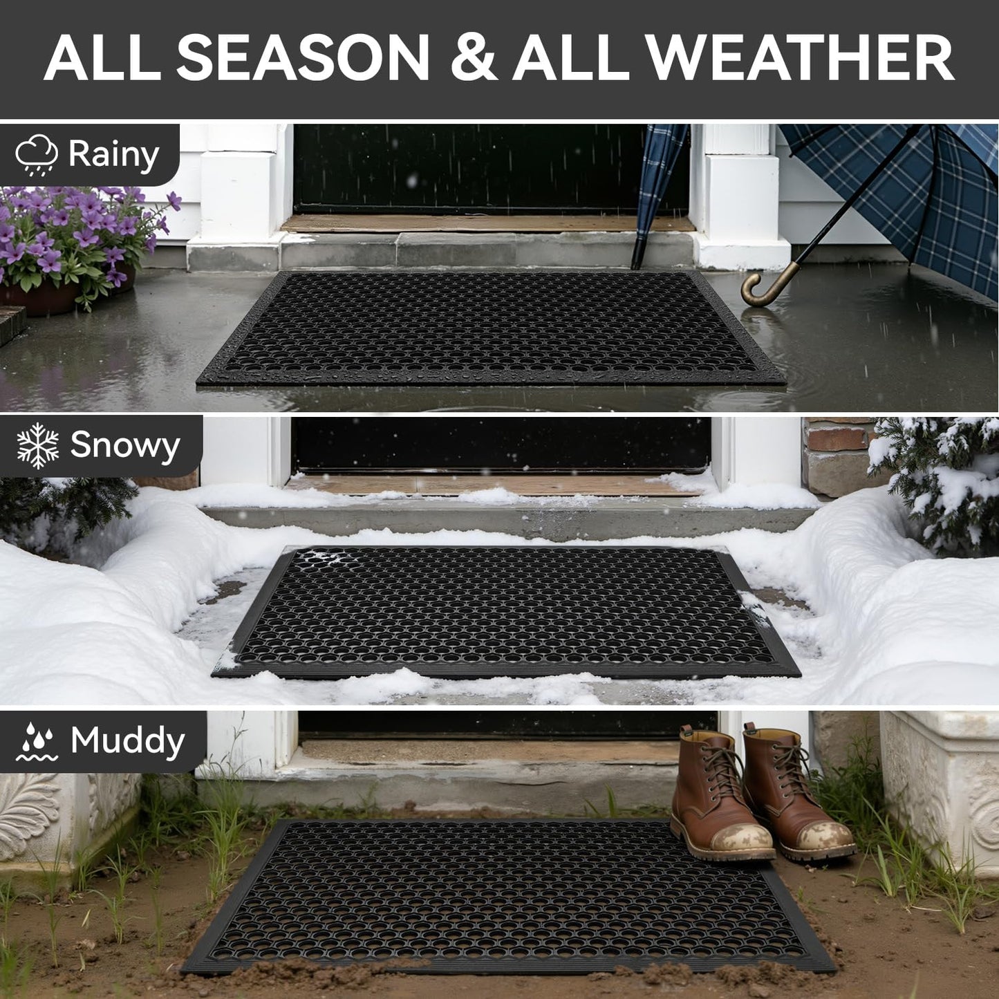 RESARE Front Door-Mat Outside Entrance, 17"x30" Rubber Doormat Non Slip Waterproof, All Weather Welcome Matt-Outdoor Dirt Trapper Mud Mat Heavy Duty Door-Mats for Garage, Entryway (Black)