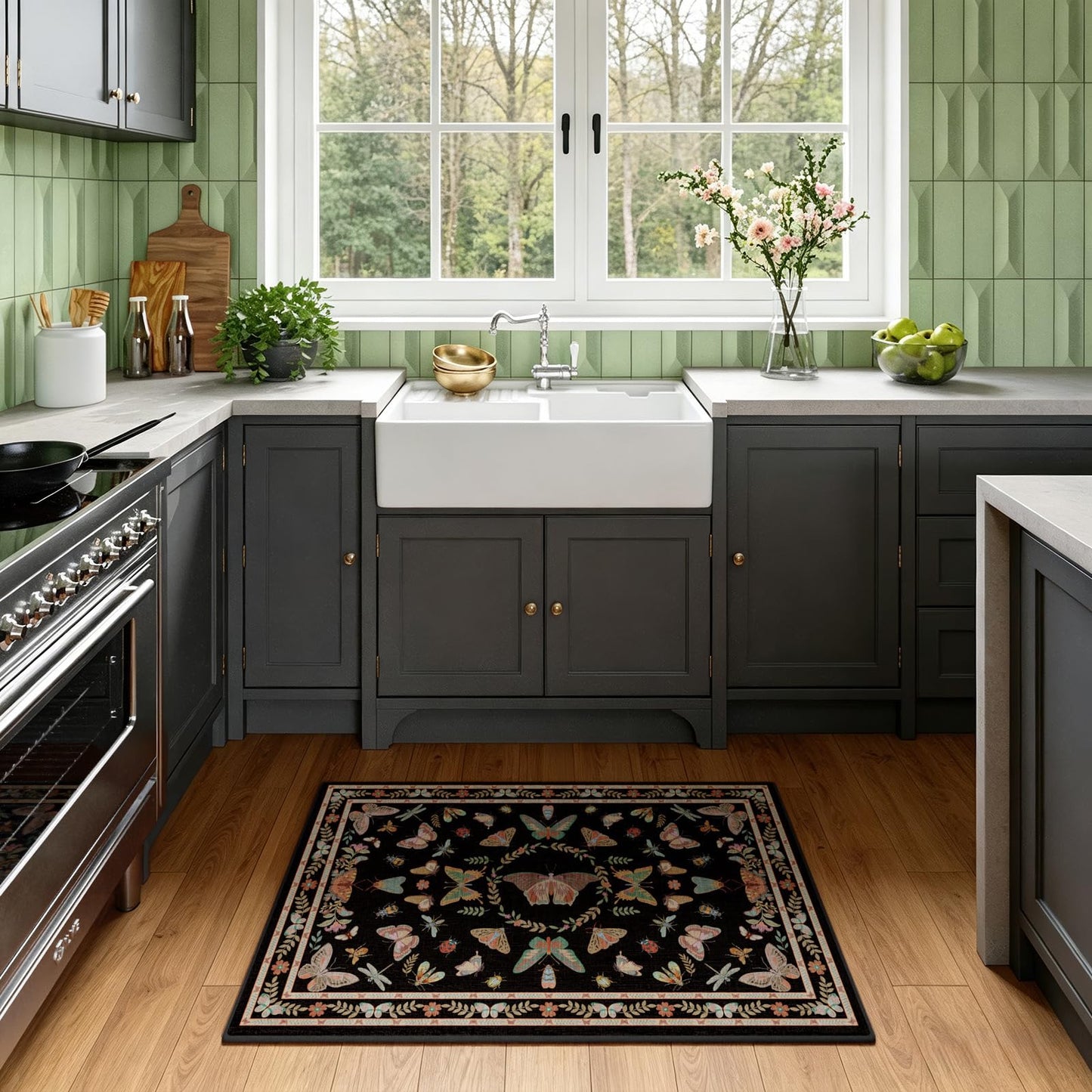 Unirea 2x3 Small Black Washable Area Rug, Door Mat Indoor Entrance Insect Rug, Non Slip Thin Area Rugs, Soft Boho Bug Entryway Rug for Kitchen, Bathroom, Bedroom, Laundry Room, Low Pile Carpet