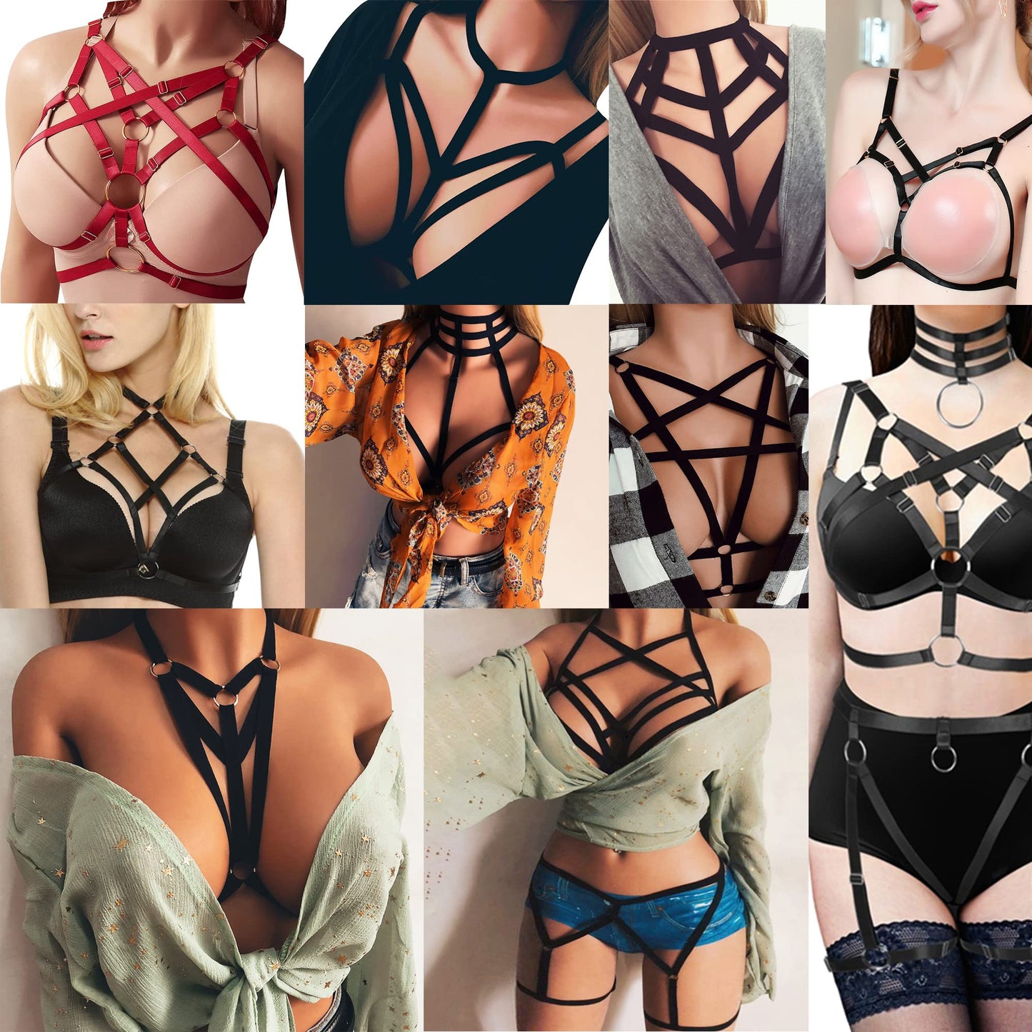 Jelinda Women Harness Elastic Cupless Cage Bra Hollow Out Strappy Crop Top (Color 11)One Size