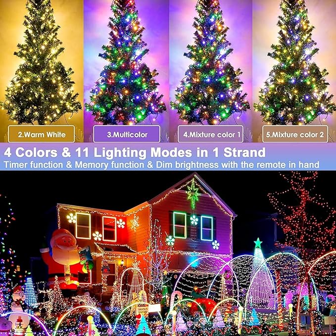 Hezbjiti 403FT 1000LED Color Changing Christmas Lights Outdoor, 11 Modes String Lights IP44 Waterproof Fairy Lights for Party Wedding Tree Decorations (Multicolor to Warm White, Clear Wire)