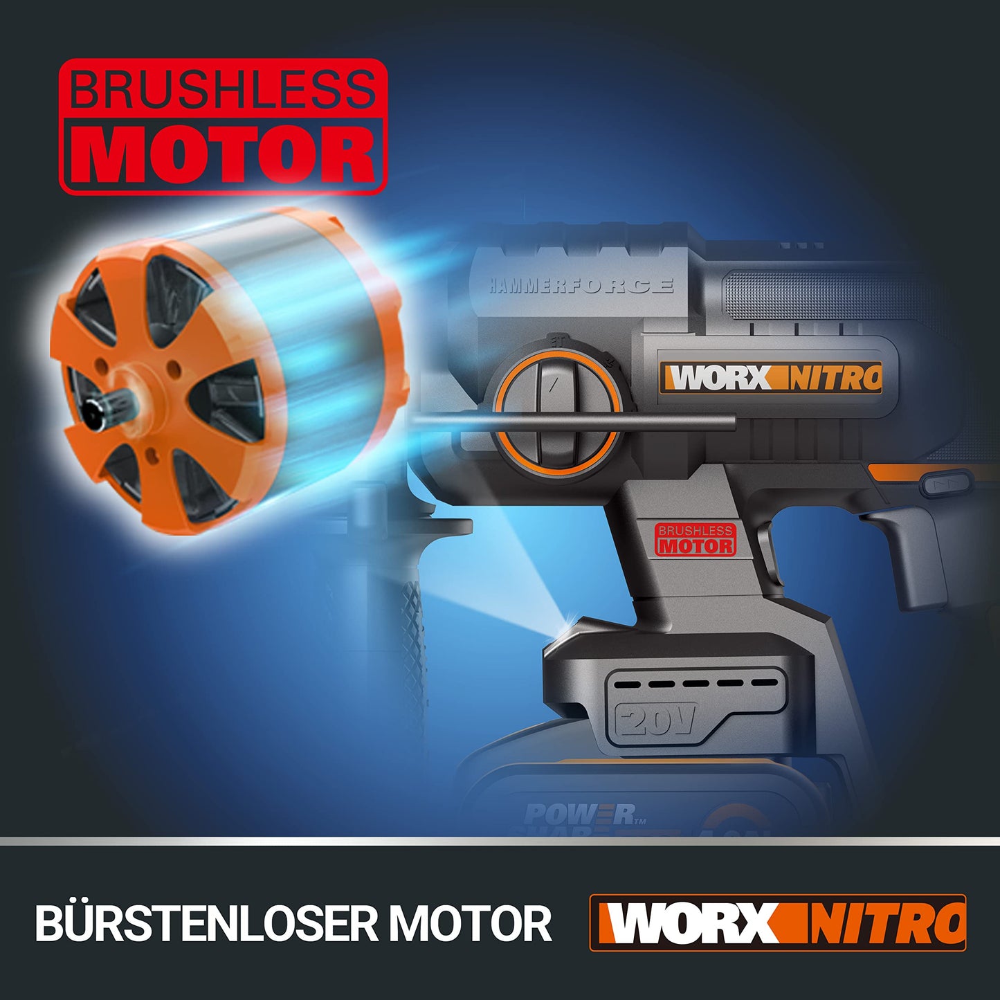 WORX Nitro 18V (20V MAX) Cordless Rotary Hammer Drill, PowerShare, Brushless Motor, SDS Plus, Max. Impact Energy 2.0 J, 3 Functions, Anti-Vibration, Bare Tool Only, WX381.9