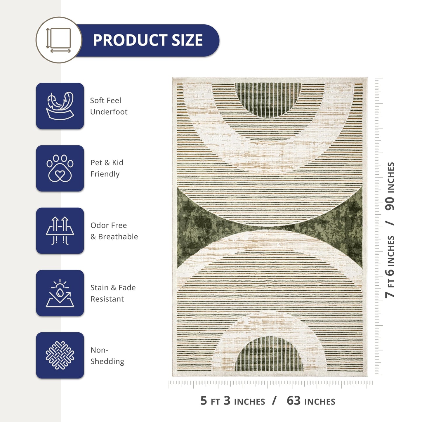 Abani Mid-Century Green Arch Washable Area Rug – 5' x 8' – Modern Geometric Design – Ivy Collection – Non-Shedding, Easy to Clean – Durable for High Traffic Areas – Living Room, Bedroom & Office