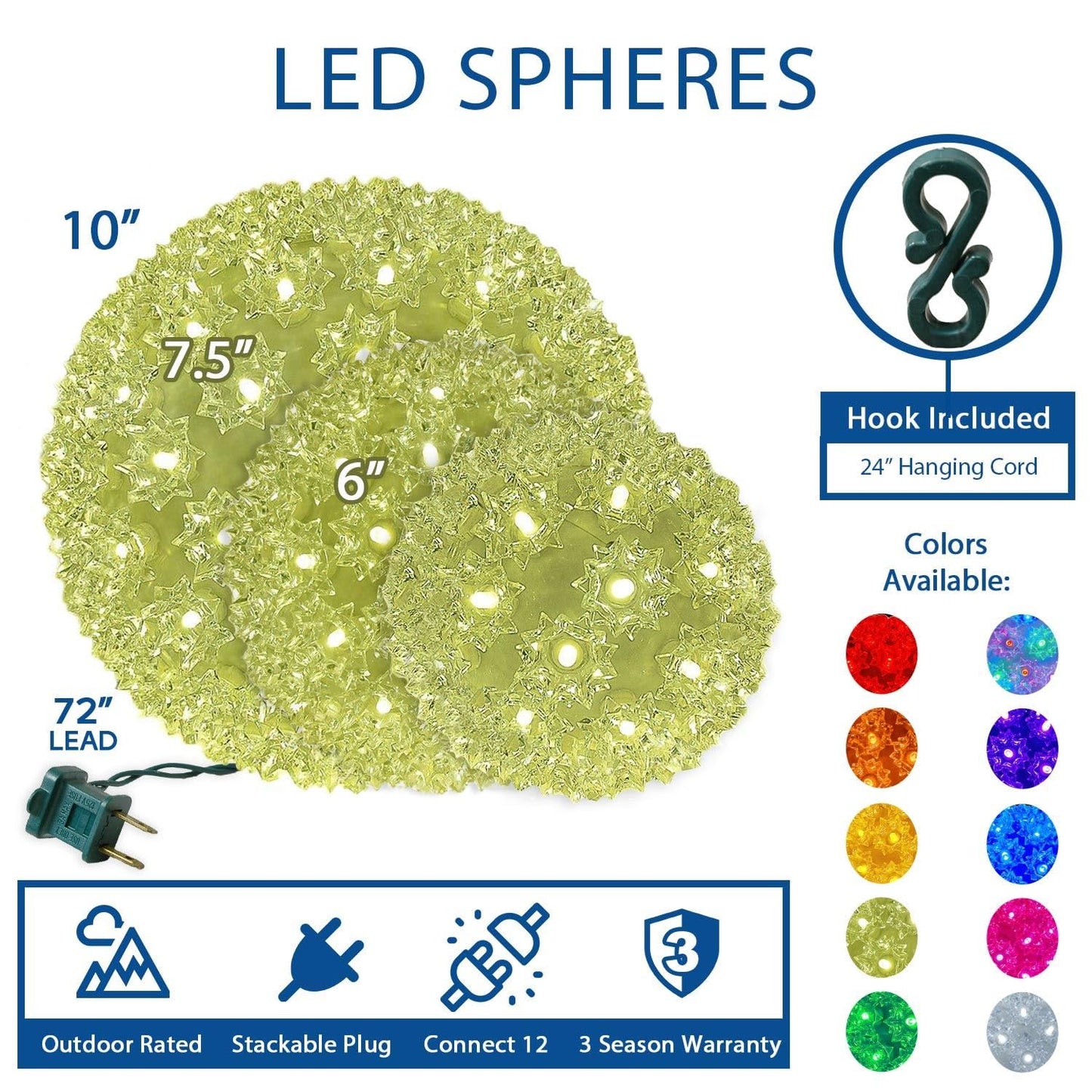 Novelty Lights LED 7.5in 100 Light Starlight Sphere, Red, Large Ornament Ball Light, 5ft Hanging Cord with S Hook, 12ft Power Cord with Stackable Plug, Commercial Grade
