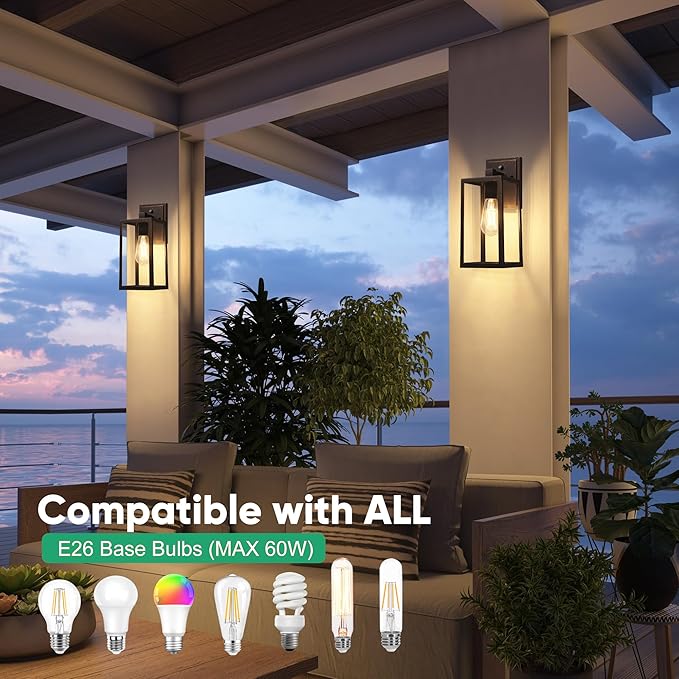 PARTPHONER Exterior Lighting Fixtures, Porch Light Outdoor, Waterproof Exterior Light Fixture, Anti-Rust Wall Sconce with Clear Glass and Aluminum for Garage, Doorway 2 Pack (Black Brush Gold)
