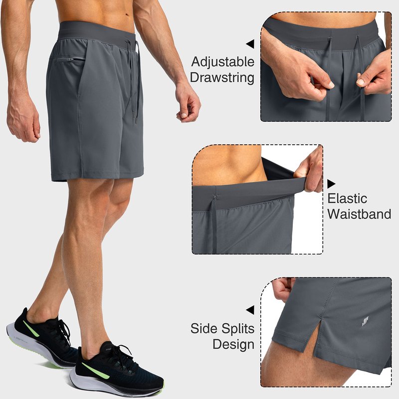 Soothfeel Men's Running Shorts with Zipper Pockets 7 Inch Lightweight Quick Dry Gym Athletic Workout Shorts for Men (Grey, M)