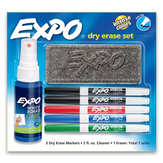 EXPO Low Odor Dry Erase Marker Set with White Board Eraser and Cleaner Fine Tip Dry Erase Markers Assorted Colors 7 Piece Set with Whiteboard Cleaner