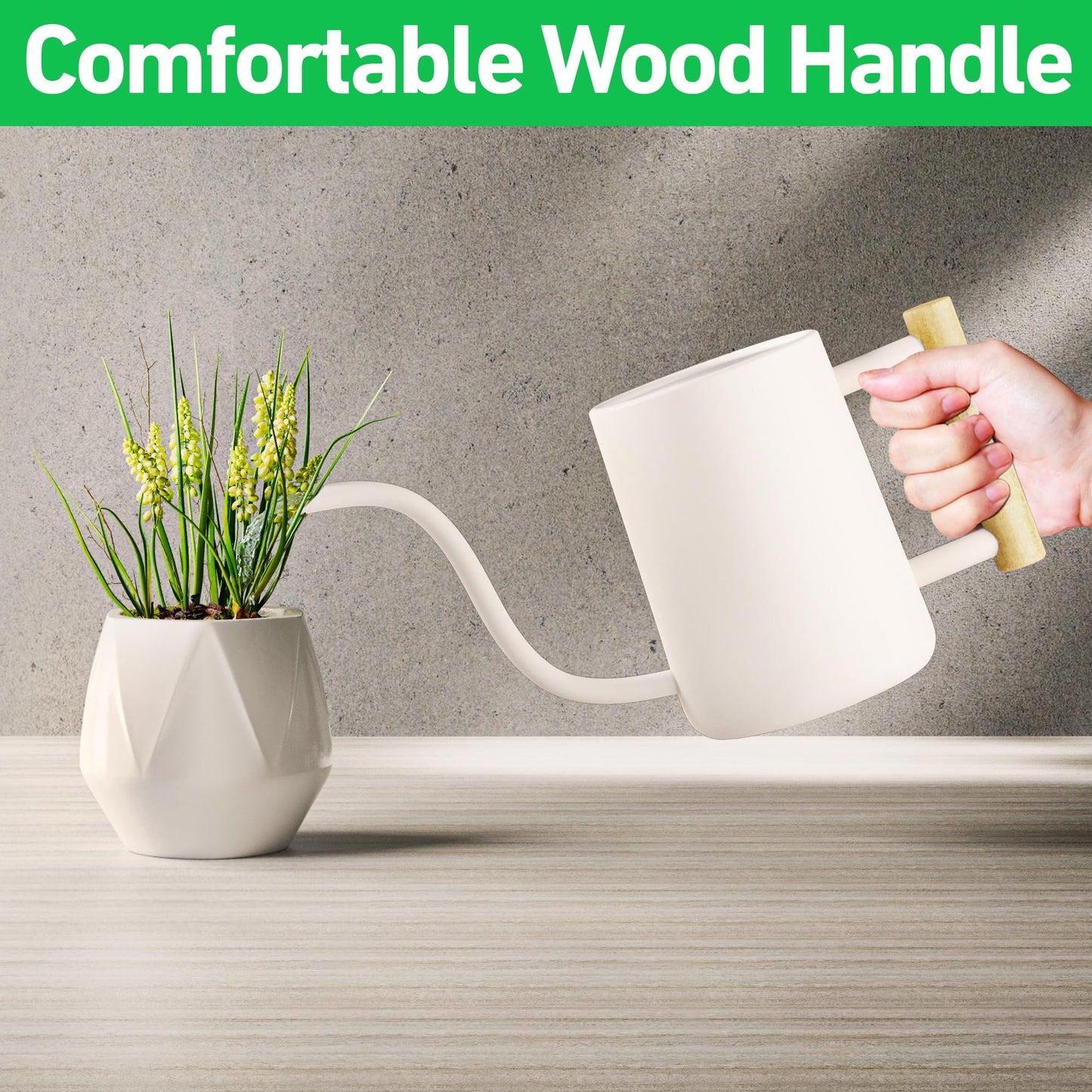 35 oz Metal Small Indoor Watering Can with Long Spout & Real Wood Handle for House Plants, Succulents, Cacti & Seedlings - White Long Spout Watering Can Indoor Plants - Stylish, Gentle Flow, No Spills