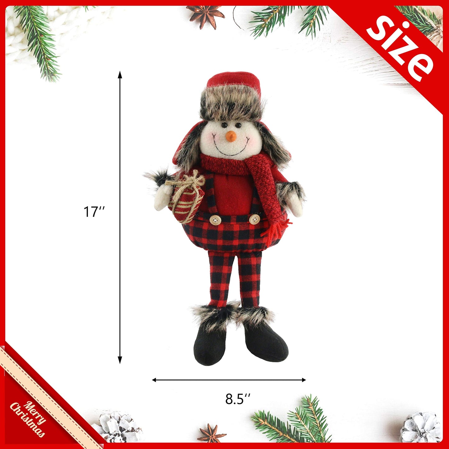 Houwsbaby Christmas Decoration Handmade Plush Snowman Figurines Hold a Gift in Overalls Home Desktop Collectible Stuffed Dolls Holiday Party Supplies Sitting Table Ornament Red 17''