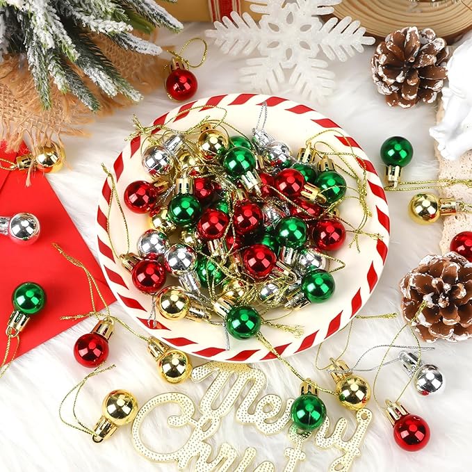 Jansun 120PCS Christmas Mini Balls Ornaments Miniature Xmas Tree Hanging Decorations Small Vintage Glitter Balls for Holiday Party Outdoor Indoor DIY Craft Decor Supplies