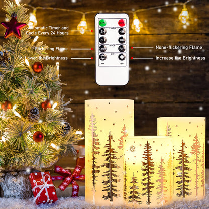 FLAVCHARM Christmas Flameless Candles, Battery Operated, Hot Stamping Silver Xmas Tree LED Flickering Candles with Remote and Timer, Holiday Decorative Pillar for Xmas, Party, Bedroom