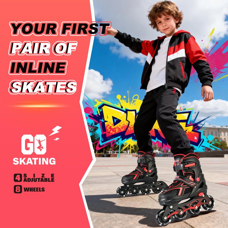 2PM SPORTS Inline Skates for Boys Kids Girls Ages 5-8 8-12 4-6 6-12 with Light Up Wheels, Adjustable Kids Roller Skates Blades for Adults Women Female Beginners Youths Red, Medium - Big Kid (1-4 US)