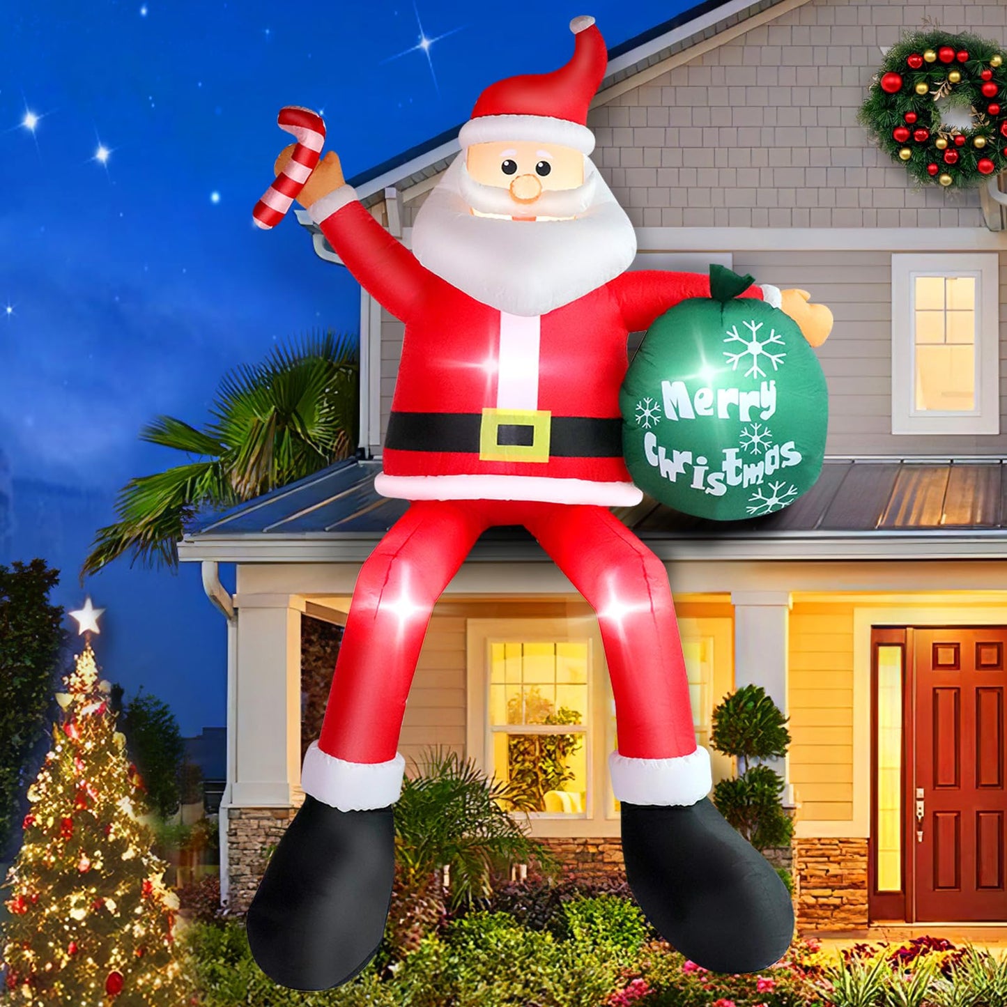 8FT Inflatable Sitting Santa Claus Christmas Outdoor Decorations, Blow Up Santa Claus with Gift Bag Sitting on Roof Wall Tree Chair, Xmas Outdoor/Indoor Decorations for Street House Patio Bench Shrubs