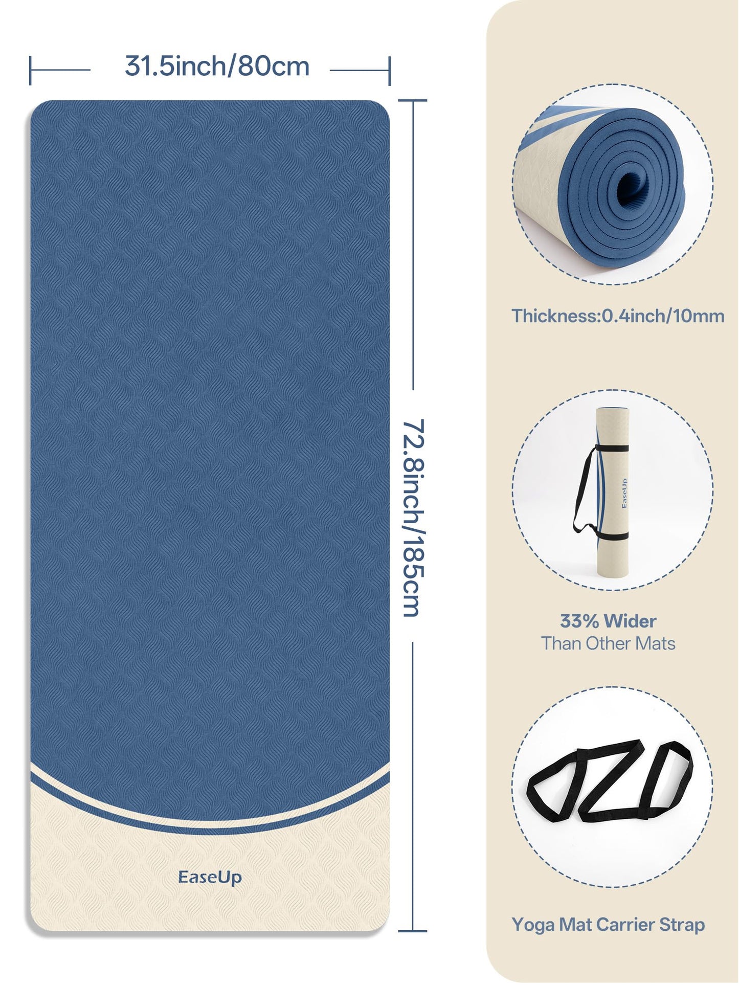 EaseUp Extra Thick Yoga Mat -2/5 inch (10MM), 72.8x31.5" Extra Long-Wide, Professional TPE Non-slip yoga mats for Yoga,Exercise, Workout,Pilates and Fitness, with strap (Blue)