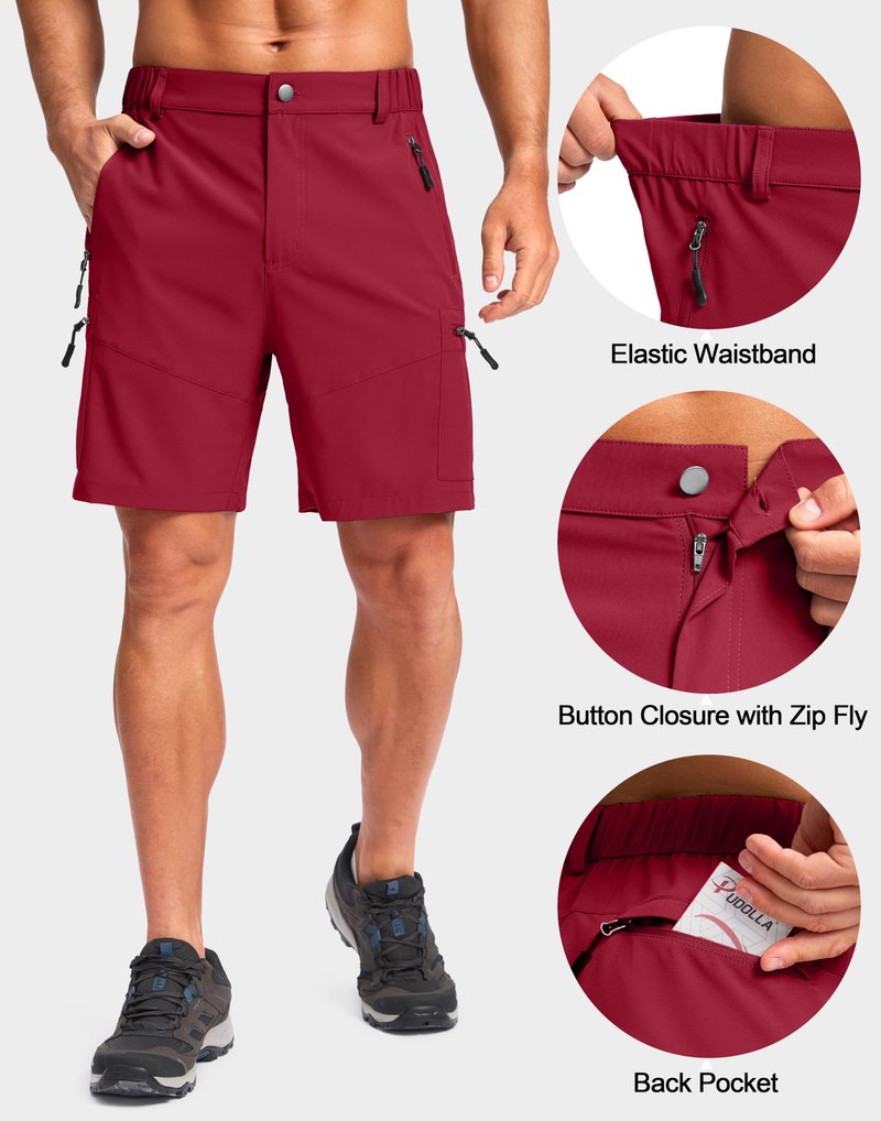 Pudolla Men's Hiking Cargo Shorts Lightweight 7" Travel Casual Shorts for Men Golf Work Outdoor with 5 Zipper Pockets(Red XX-Large)