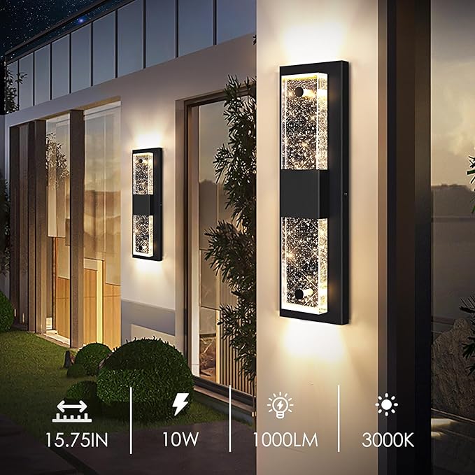 Large Size Outdoor Wall Light Fixtures with Crystal Bubble Glass, Waterproof Exterior Sconces LED Wall Lanterns, Porch Lights Wall Mounted 10W 3000K Outside Lights for House Front Door Garage Entryway