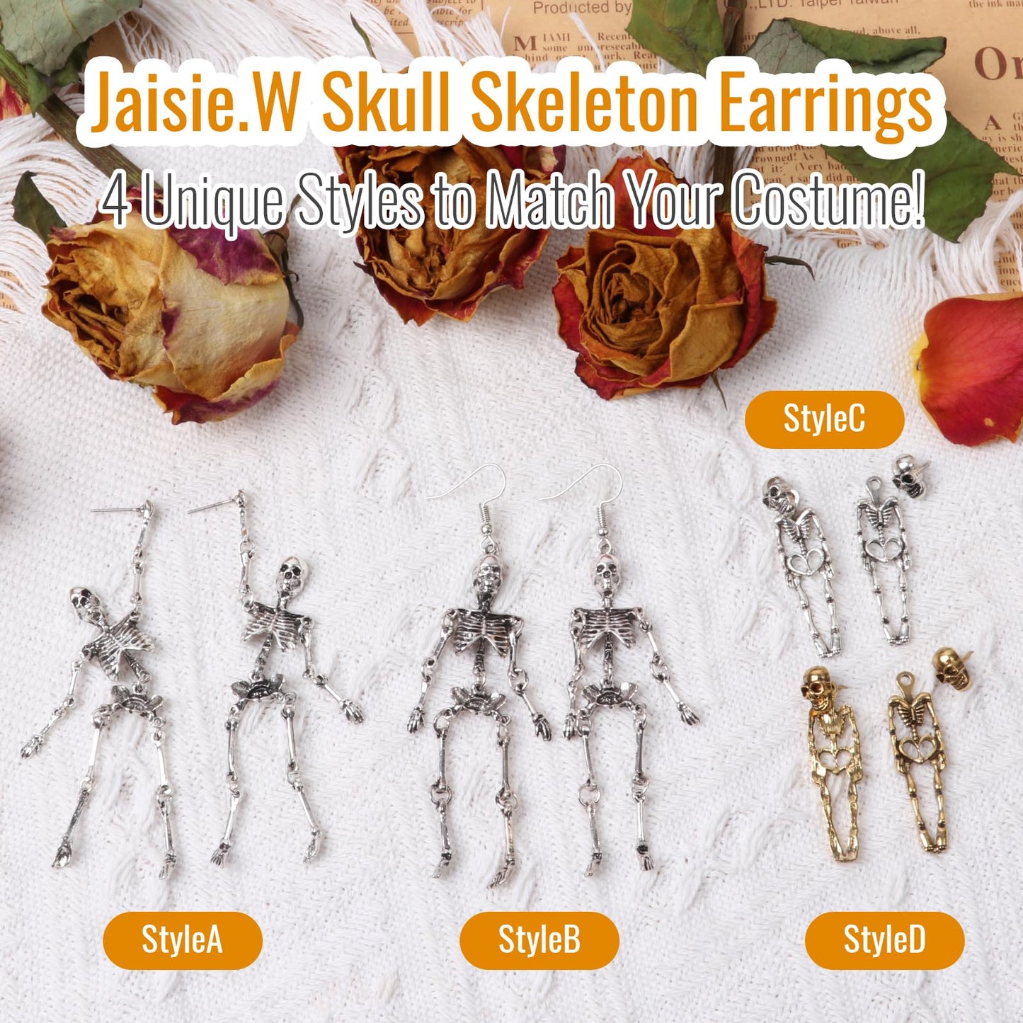 Halloween Earrings Silver, Skeleton Skull Dangle Earrings Jewelry for Women, Ideal for Halloween Party Cosplay(1 Pair Stud Style)