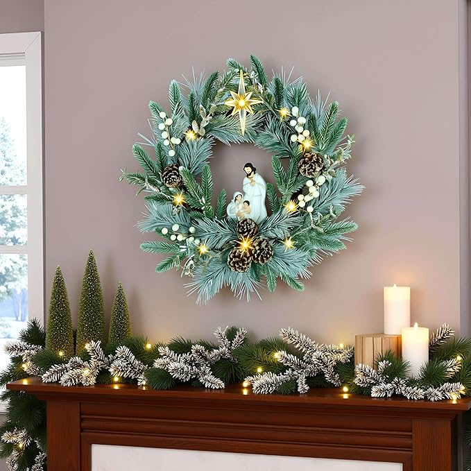 YULETIME 20" Pre-Lit Nativity Wreath, Battery Operated with 10 Fairy Lights, Holy Family Nativity Statue, Star of Bethlehem, Pine Cones, White Mistletoe, Frosted Spruce Branches (Nativity Frosted)