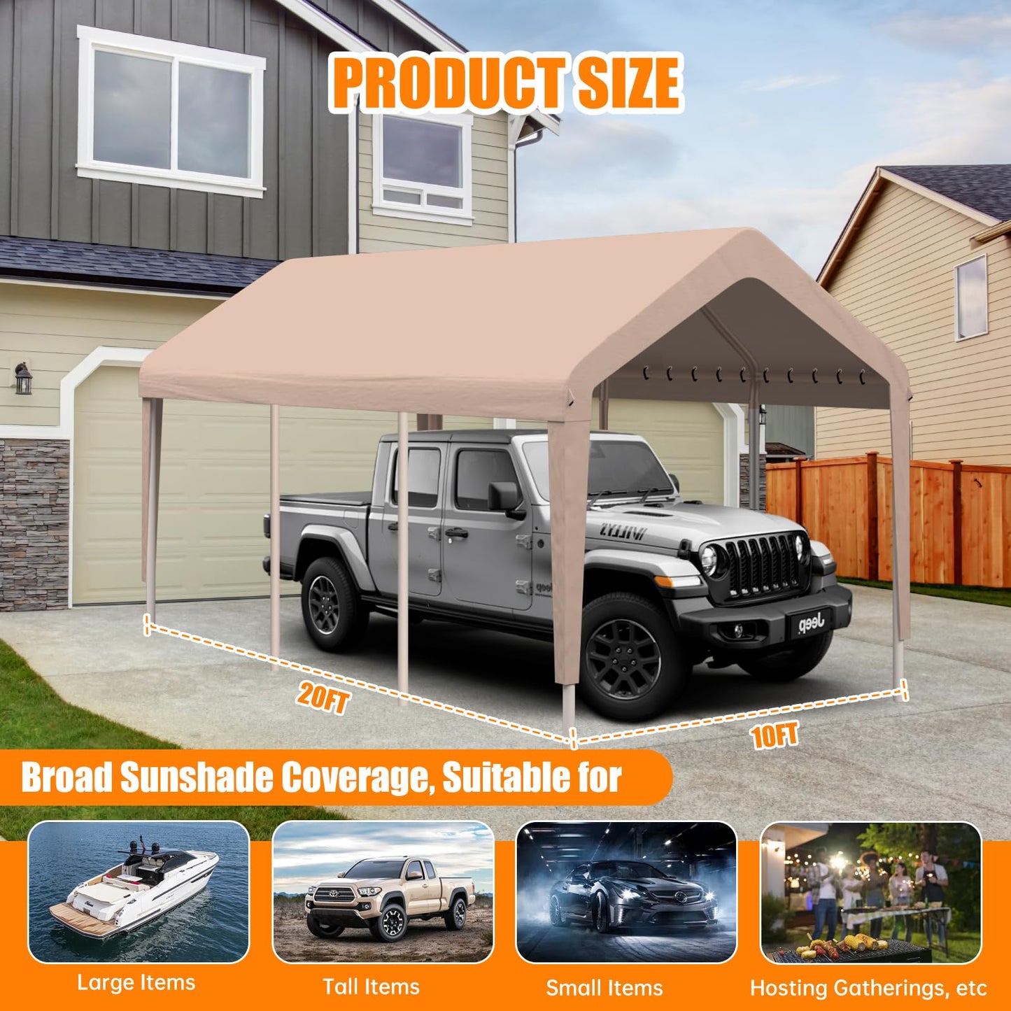 Carport Canopy 10'x20' Heavy Duty Replacement Cover, Garage Shelter Cover 800D Oxford Waterproof & UV Protected Tarp with Ball Bungees, Not Include Frame - Beige
