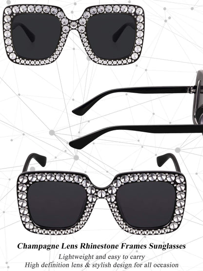 Frienda 1 Pcs Retro Disco Sunglasses Women Rhinestone Bling Glasses Girl Oversize Glitter Sunglasses 70s Disco Accessories(Black)