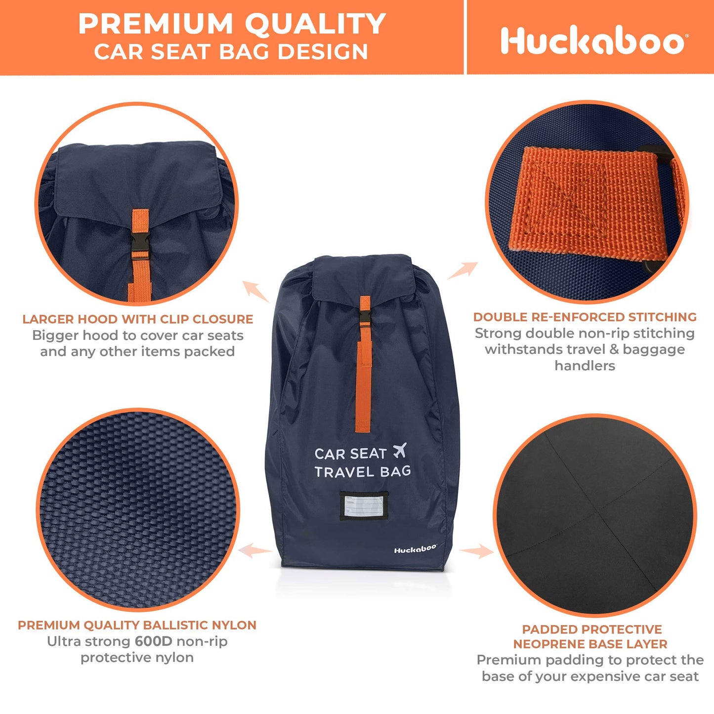 Huckaboo Car Seat Travel Bag - Strong Non Rip Nylon Car Seat Bag For Child Seats, Navy