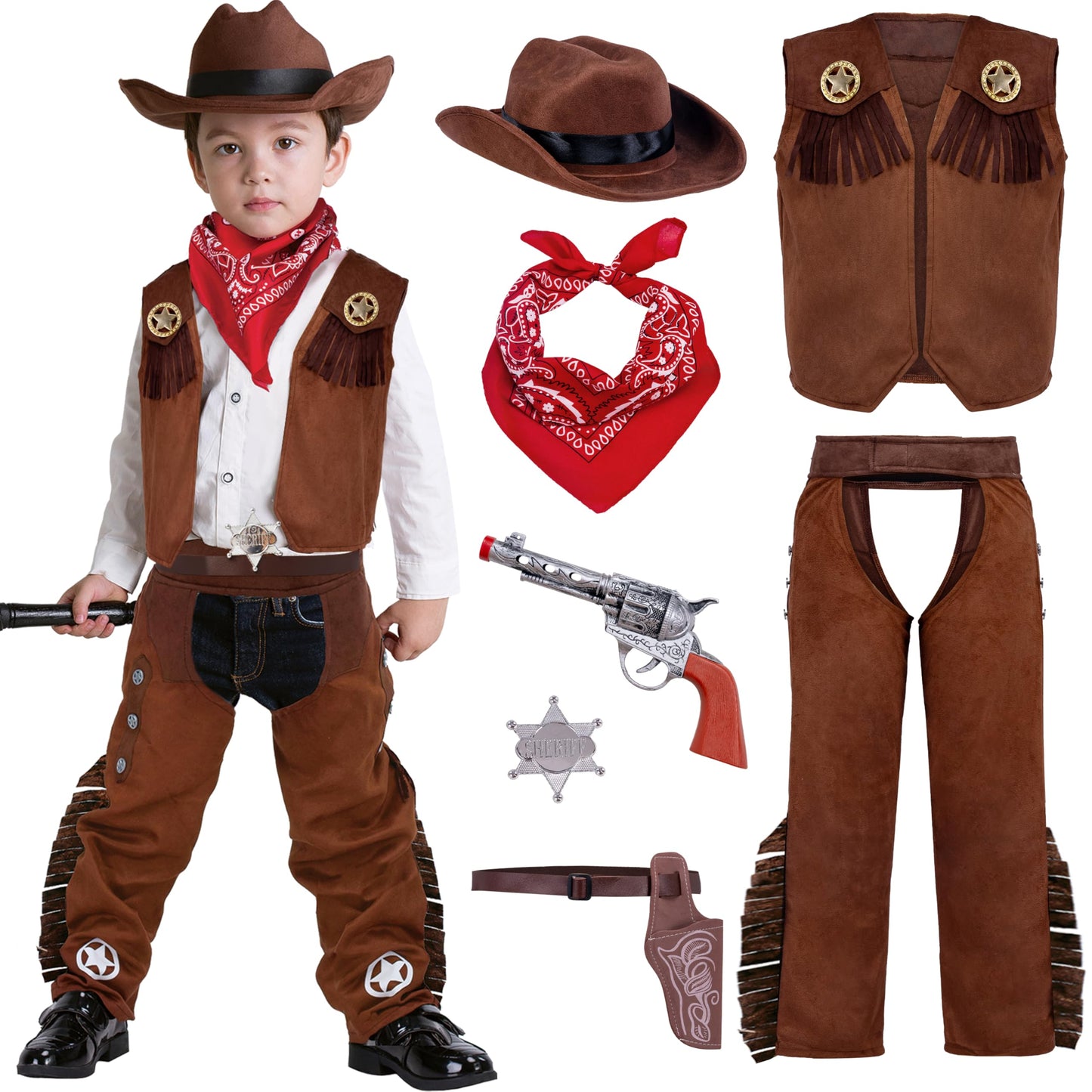 Spooktacular Creations Halloween Cowboy Hat Costume for Boys, Kids Brown Western Costume, Deluxe Boys Cowboy Outfit Set for Toddler Halloween RolePlay Themed Party (Small, 5-7 yrs)