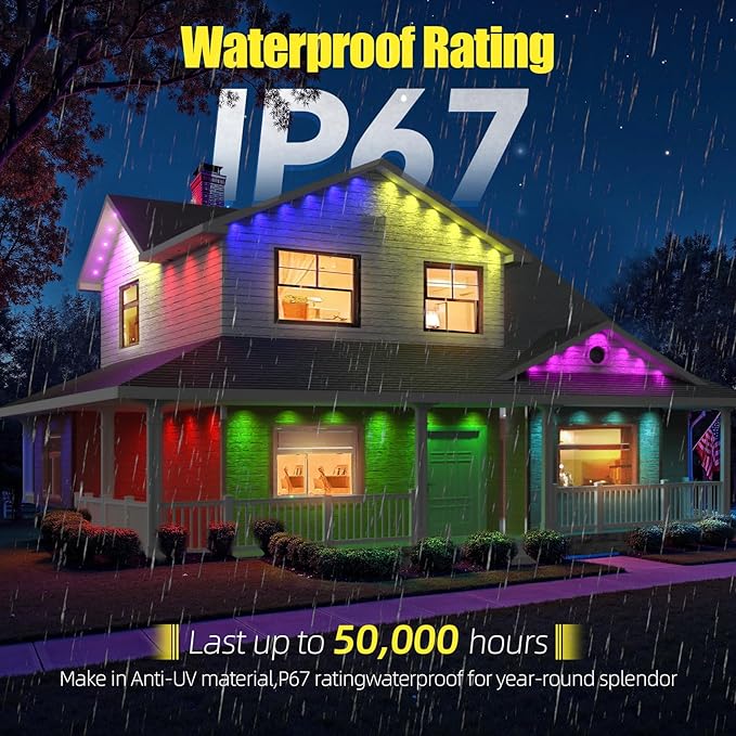 Permanent Outdoor Lights for House, 300ft RGB+IC Smart LED Eaves Lights, IP67 Waterproof Outdoor Lighting with App/Remote Control for Halloween, Christmas, Holiday, Daily, Party