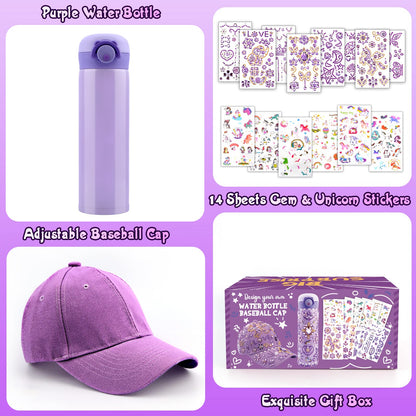 Gifts for Girls Age 4-12, Birthday Gifts Presents for Girls 5 6 7 8 9 10 11 Year Old, Back to School DIY Water Bottle and Baseball Cap Toys for Girl Craft Kit, Decorate Your Own Water Bottle Kids