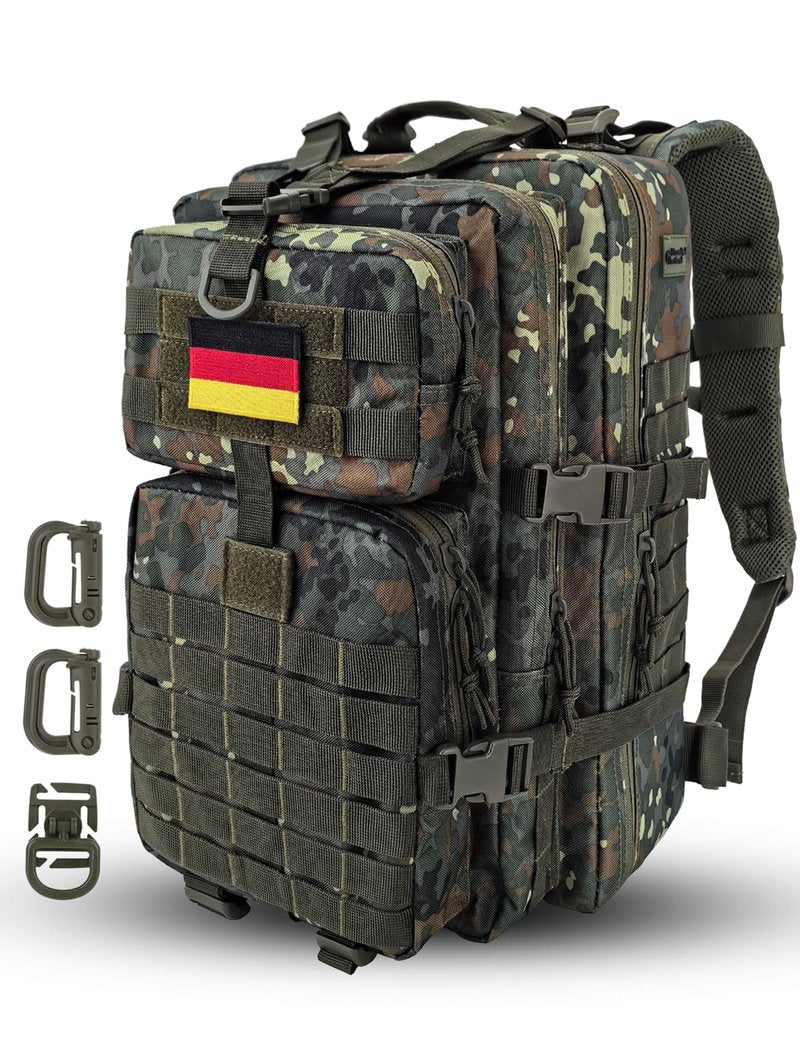 Hannibal Tactical MOLLE Assault Backpack, Tactical Backpack Military Army Camping Rucksack, 3-Day Pack Trip w/USA Flag Patch, D-Rings, Flecktarn