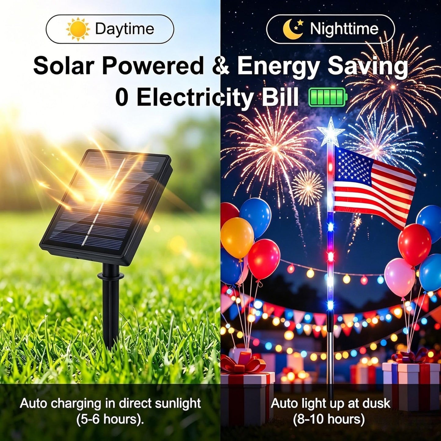 Solar American Flag Light Set, 8 Pack American Flags Pole Pathway Lights, Patriotic Waterproof LED Outdoor Yard Garden with 8 Lighting Modes for 4th of July Decoration (Flag Lights 1 Set)